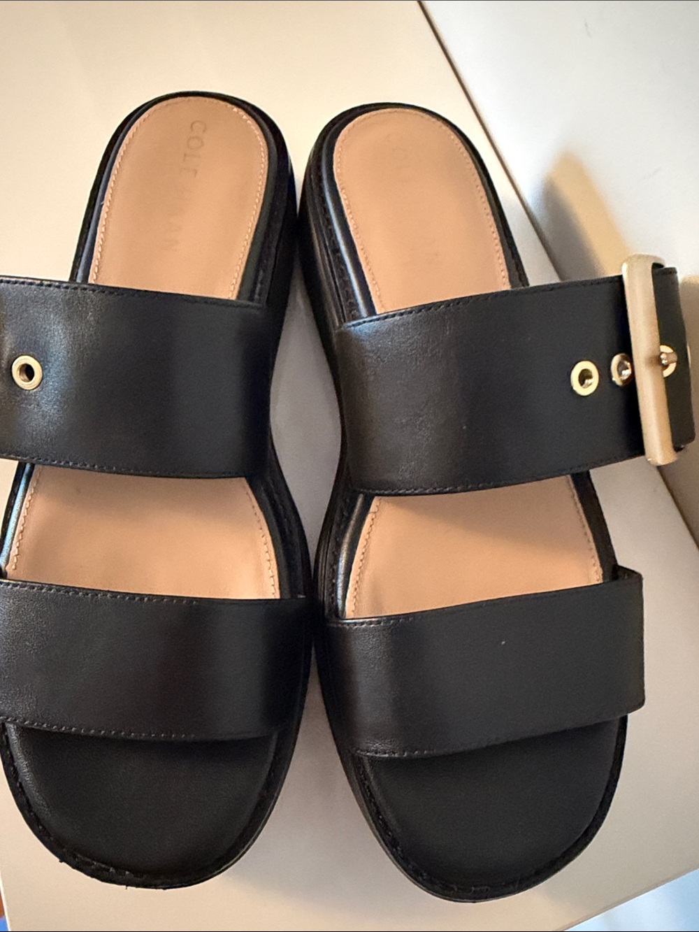 Cole Haan Black Leather Double-Strap Slide Sandals with Gold Buckle